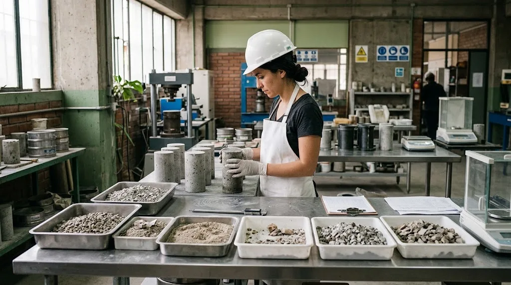Ingeniera revisa probetas de hormigón sustentable hecho con árido reciclado en un laboratorio