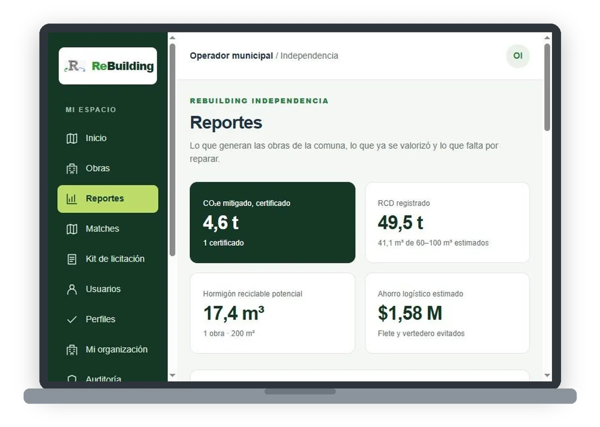 Panel de ReBuilding con el reporte de sostenibilidad de una obra