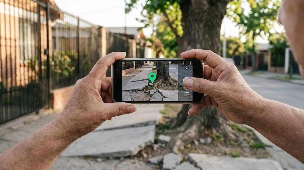 Vecina fotografía con su celular una vereda dañada para reportarla