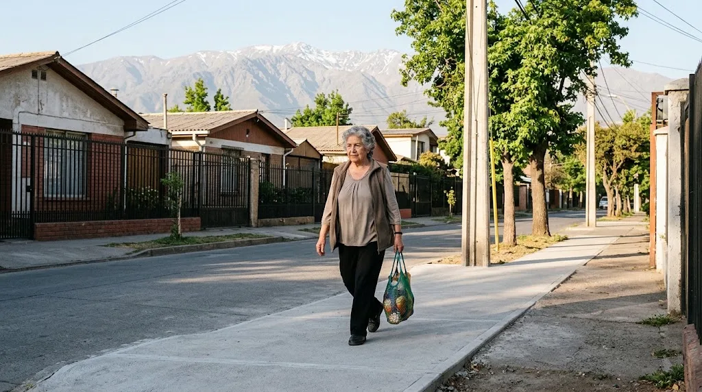 Mujer mayor camina segura por una vereda recién reparada en un barrio de Santiago
